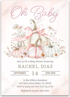 a pink and white baby shower with pumpkins, daisies and flowers on it