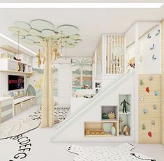 the interior of a child's room with toys and decorations on the walls, stairs to the second floor