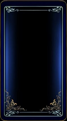 a blue and gold background with an ornate border on the bottom, in front of a black backdrop