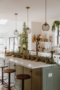 an instagram photo of a kitchen with plants on the counter and lights hanging from the ceiling