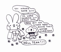 an ink drawing of two rabbits talking to each other with speech bubbles in the background