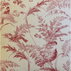 a red and white wallpaper with birds, plants and flowers on it's side