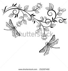 black and white drawing of dragonflys on branch with leaves, vines and flowers