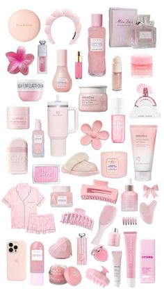 the contents of a woman's pink perfume bottle are arranged on a white background