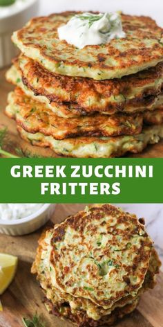 some food that is on top of a cutting board and the words greek zucchini fritters