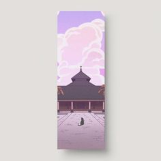 a bookmark with a cat sitting in front of a building