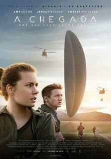 the poster for arrival shows two people standing in front of an airplane and another man looking at them