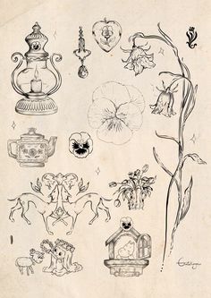 an old book with drawings of flowers and vases