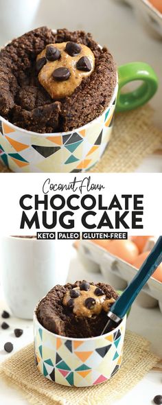 chocolate mug cake with cookie toppings in it and the title above reads, coconut rum chocolate mug cake