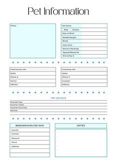 a printable pet information sheet with blue dots on the bottom, and white background