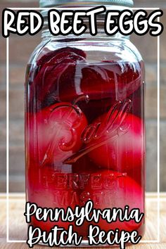 red beet eggs in a mason jar with the words pennsylvania patch recipe on it