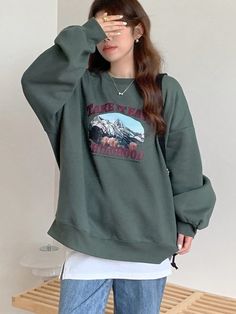 Women's Casual Letter Printed Crew Neck Fleece Lining Sweatshirt Green Casual  Wrist-Length Sleeve Polyester Animal,Graphic,Letter Pullovers Non-Stretch  Women Clothing, size features are:Bust: ,Length: ,Sleeve Length: Disposable Mascara Wands, Human Bean, Kids Dress Up, Animal Graphic, Kids Hair Accessories, Unique Crochet, Ponytail Holders, Scrunchie Hairstyles, Punk Fashion