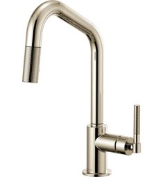 a chrome faucet with the handle extended to it's side spout