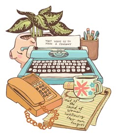 an illustration of a typewriter, coffee cup and other items