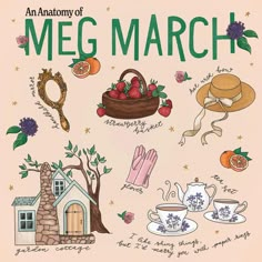 an anatomy of mega march poster with tea cups, hats, gloves and other items