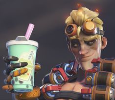 an overwatching character holding a drink and looking at the camera