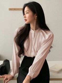 Pink Casual Collar Long Sleeve Woven Fabric Plain Shirt Embellished Non-Stretch  Women Clothing Pink Business Casual Outfits, Elegant Blouses For Women Classy, Pink Blouse Outfit, Pink Blouses Outfit, Average Wedding Dress Cost, Business Professional Outfits Women, Formal Attire Women, Pink Top Outfit