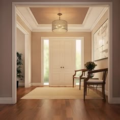 an empty hallway with two chairs and a lamp on the ceiling in front of a door