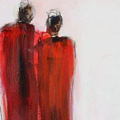 an abstract painting of two people standing next to each other in red and black colors