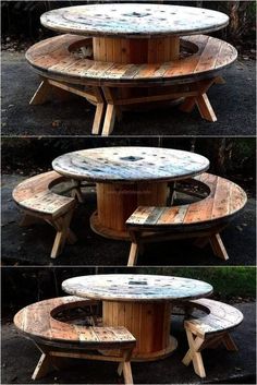 three pictures of different wooden tables and benches