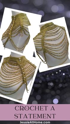 three pictures of different types of necklaces on mannequins with text overlay that reads crochet a statement