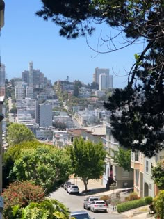 cars are parked on the street in front of tall buildings and trees with cityscape in the background