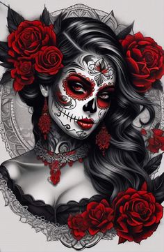 a woman with red roses in her hair and day of the dead make - up