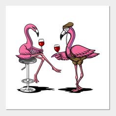 two pink flamingos standing next to each other with wine glasses in their beaks