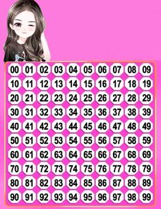 a girl with long hair standing in front of a pink background that has numbers on it