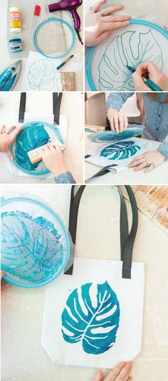 the process for making a tropical leaf tote bag is shown in four different stages