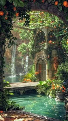 an orange tree in the middle of a garden with a waterfall and pool surrounded by greenery