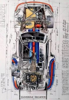 an image of a drawing of a car with blueprints and red, white and orange stripes