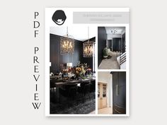 a brochure with black walls and chandeliers in the center is an image of a dining room