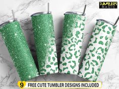 three green glitter tumblers with the words free cut tumbler designs included on them