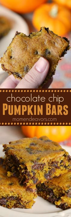 chocolate chip pumpkin bars stacked on top of each other