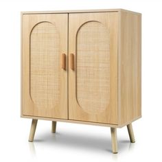 a wooden cabinet with two doors and some handles on the front, sitting against a white background