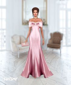 the woman is wearing a pink dress and holding a purse in her hand while standing on a white floor