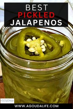 pickled jalapenos in a jar with the title overlay