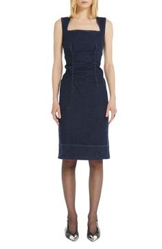 Gathered seams at the front and back add dimension to the slim-fitting silhouette of this sophisticated take on the classic denim dress. Exposed back-zip closure Square neck Sleeveless 95% cotton, 4% polyester, 1% elastane Dry clean Imported Designer Clothing Nordstrom Dresses, Midnight Blue, Sheath Dress, Square Neck, Denim Dress, Designer Clothing, Size 12, Dry Clean, Size 10