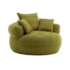 a large green chair with pillows on it's back and two sides facing each other