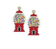 a pair of red and white earrings with colorful beads on the top of each ear