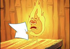 a cartoon character holding a piece of paper in front of a fire with an angry look on his face