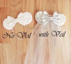 two white hair clips with sequins and bows on them, one is no veil