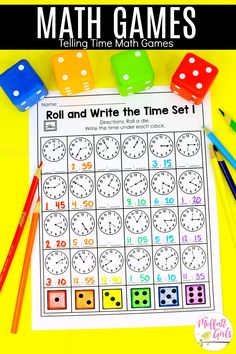 a printable roll and write the time game with dices, pencils and markers