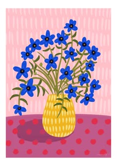 a painting of blue flowers in a yellow vase on a pink tablecloth with polka dots