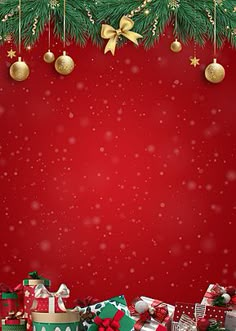 a red background with presents under a christmas tree