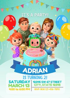 a birthday party flyer with cartoon characters and balloons