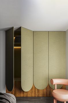 a room divider in the middle of a bedroom with a bed and chair next to it