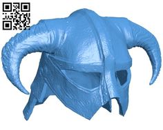 a blue helmet with large horns on it's head and an qr code in the background