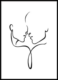 a black and white drawing of two people kissing